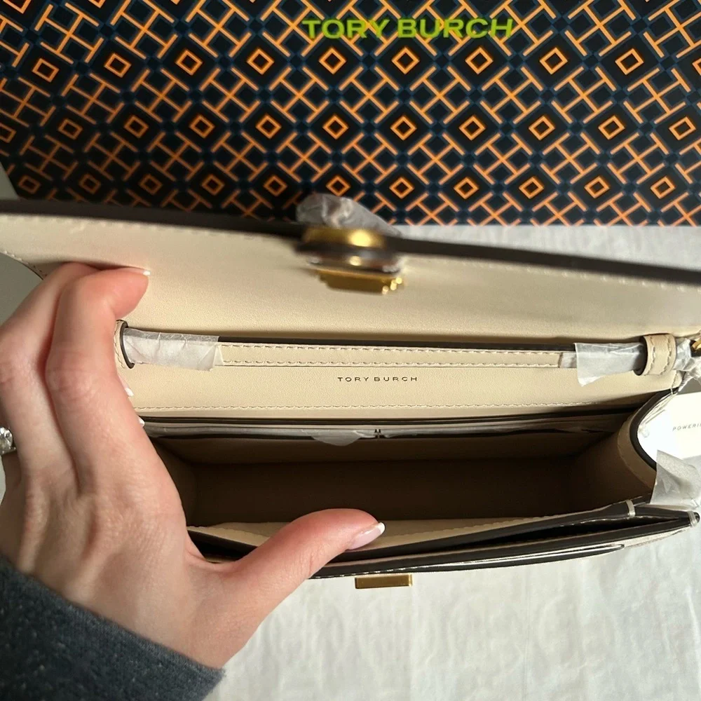 Tory Burch T Monogram Chain Wallet Crossbody Bag Ivory Gold Tan Cream Neutral